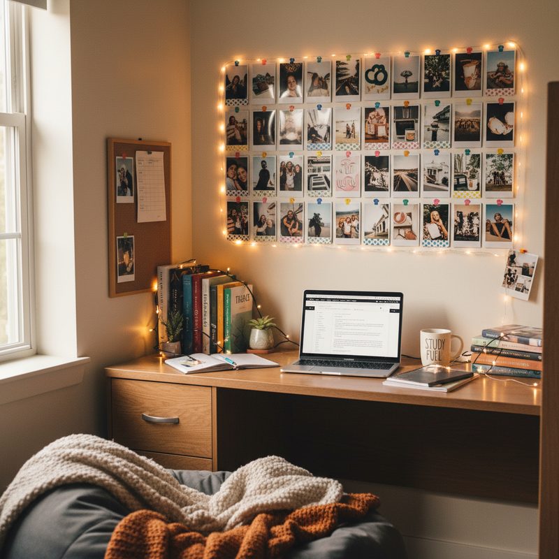 Dorm room photo wall with instant film prints clipped to fairy lights