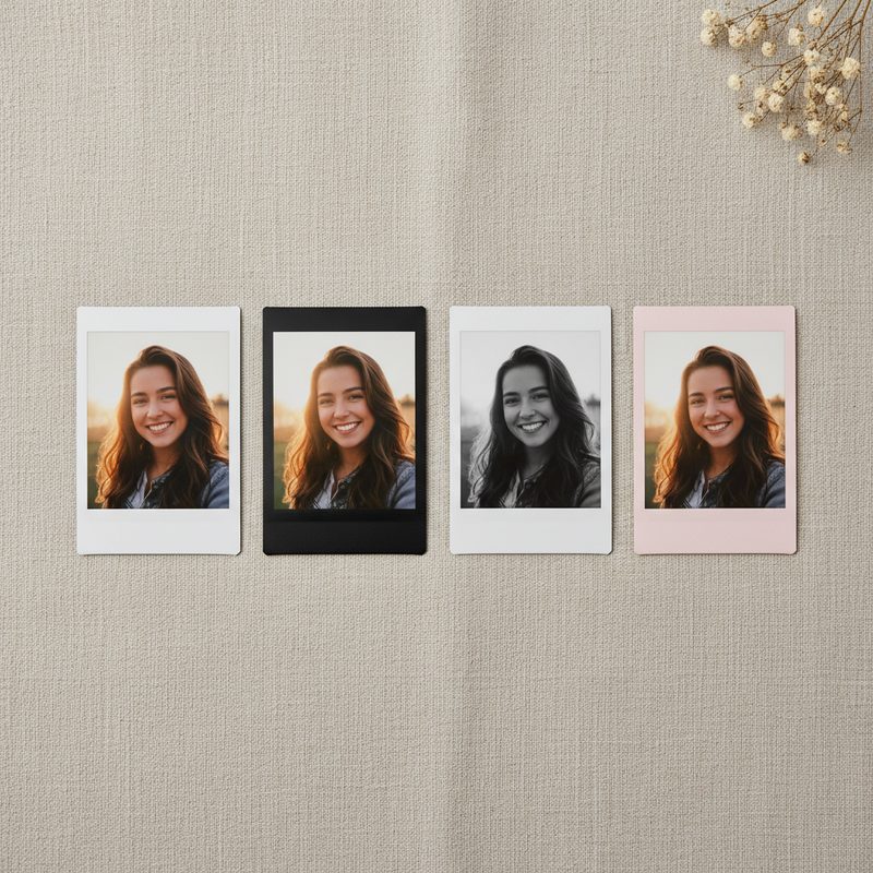 Four instant film border styles shown side by side on a light surface