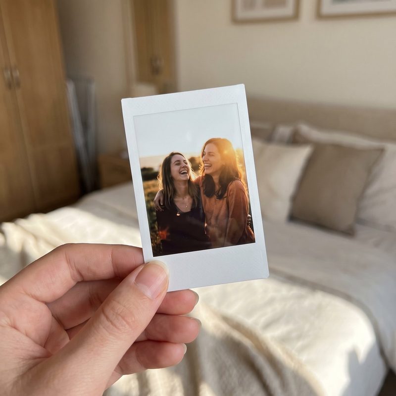 A hand holding an Instax Mini print of two people laughing