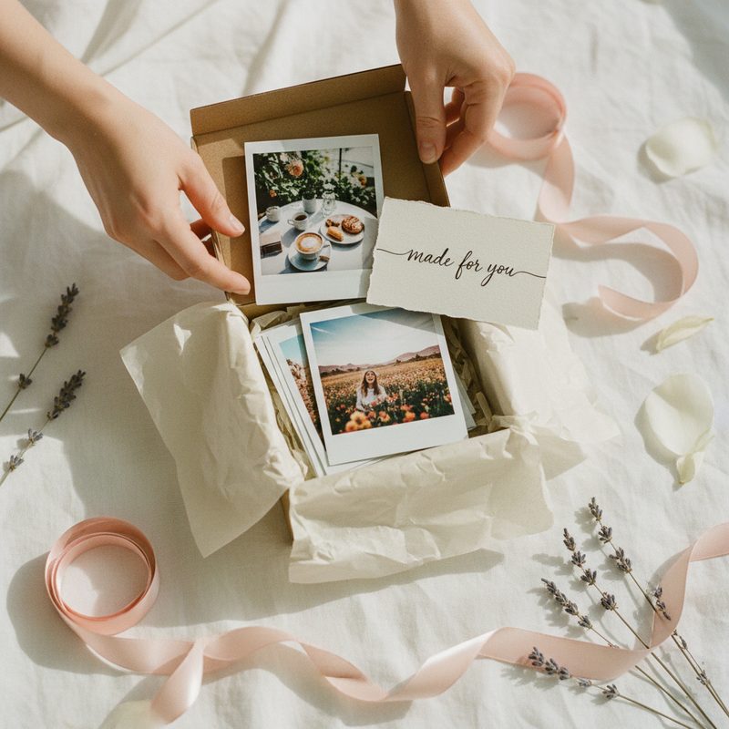 Hands opening a gift box filled with instant film prints and a handwritten note