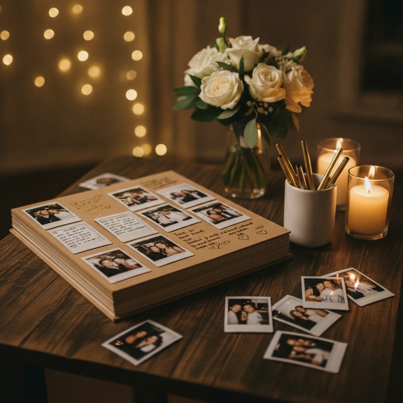Wedding polaroid guest book table with instant film prints and handwritten notes