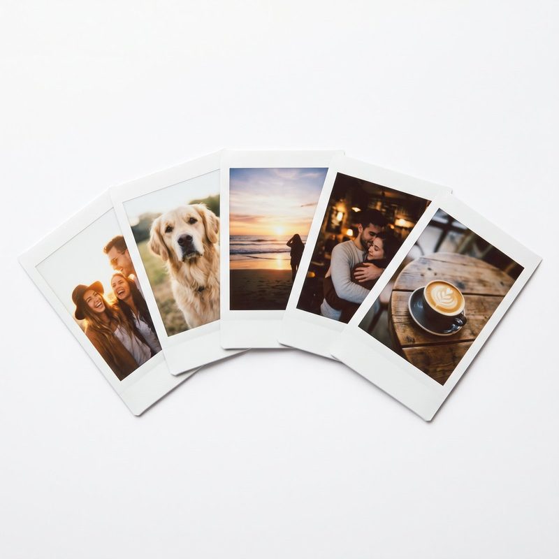 A fan of five Instax Mini prints