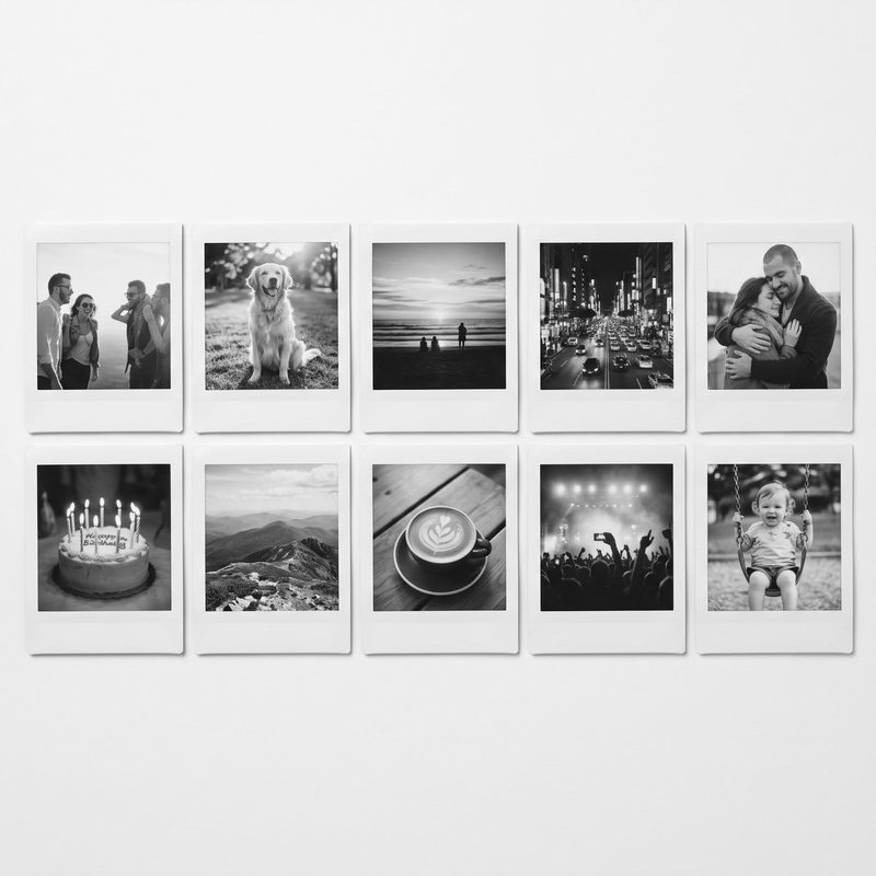 Ten Instax Square prints in black and white