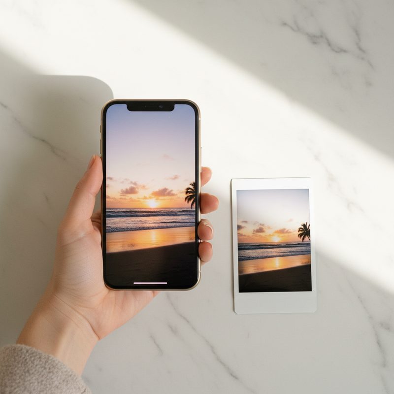 iPhone showing a sunset photo next to the same photo printed on instant film