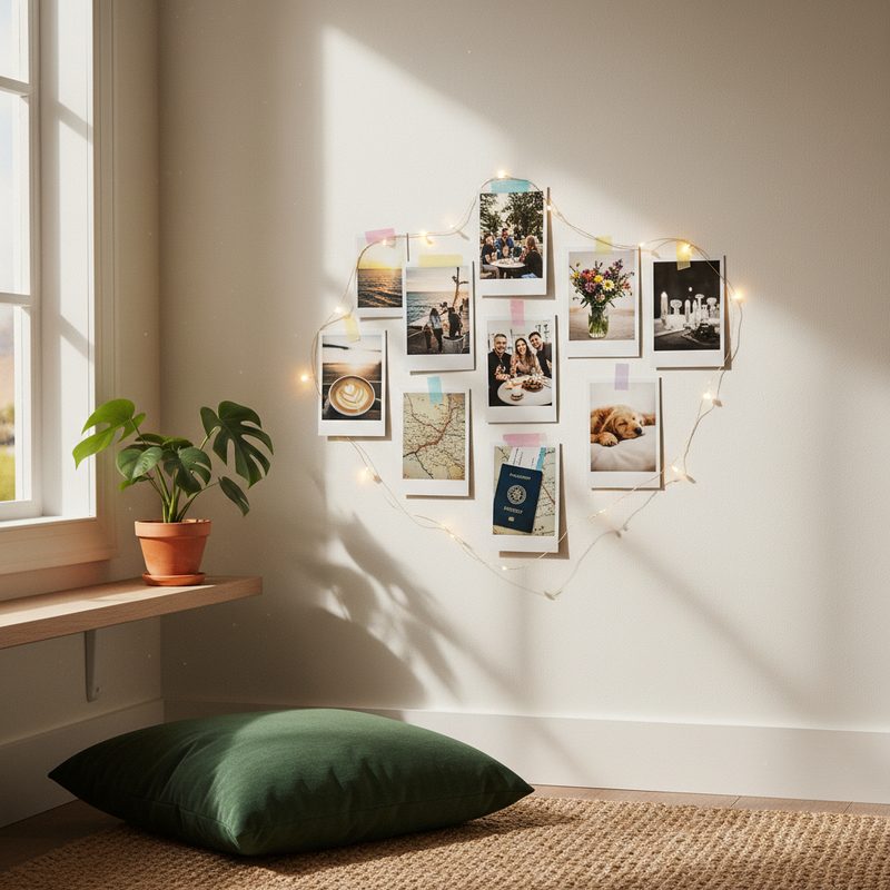 Photo wall display with instant film prints clipped to fairy lights