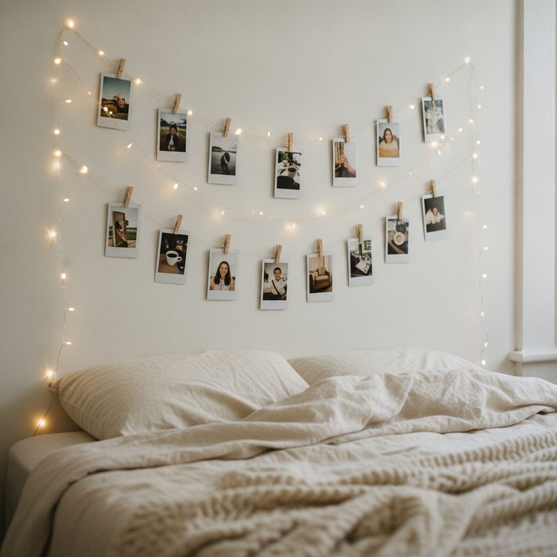 Polaroid wall with instant film prints clipped to fairy lights above a bed