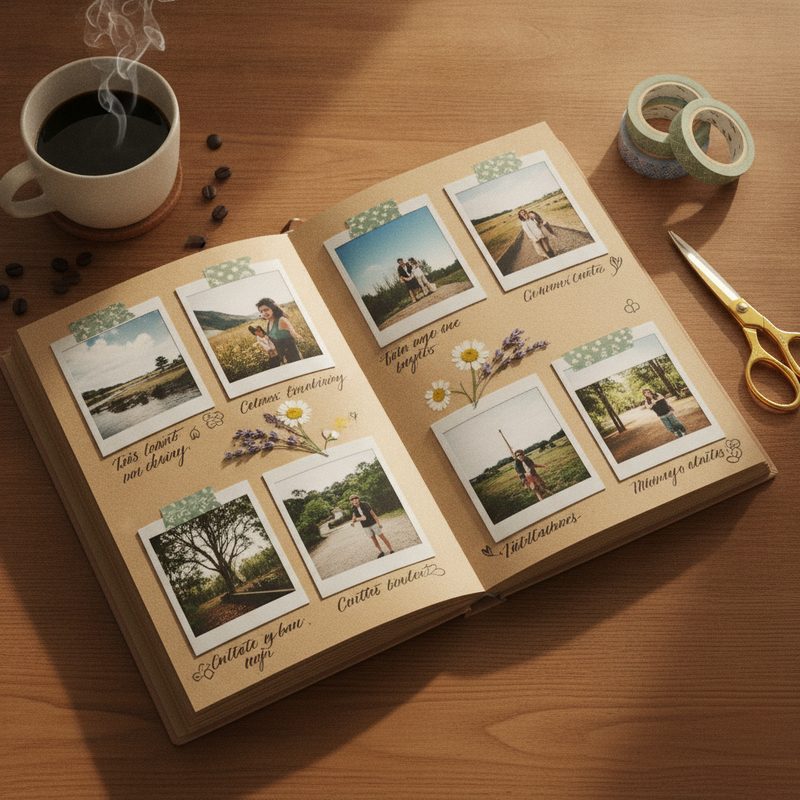 Open scrapbook page with instant film prints, washi tape, and handwritten notes