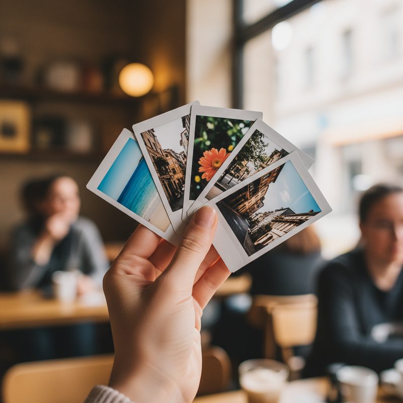 Small instant film photo prints fanned out on a table